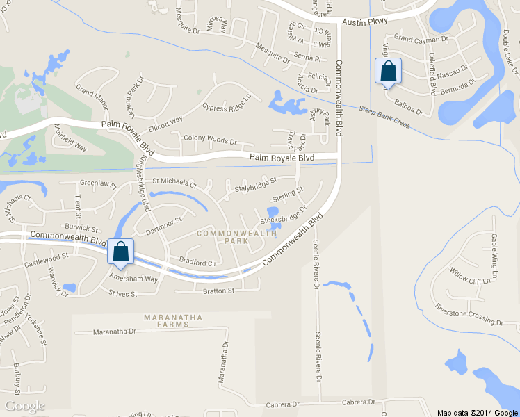 map of restaurants, bars, coffee shops, grocery stores, and more near 18 Thetford Street in Sugar Land