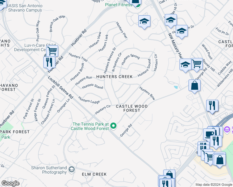 map of restaurants, bars, coffee shops, grocery stores, and more near 3500 Hunters Dew in San Antonio