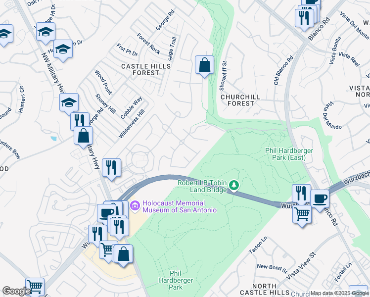 map of restaurants, bars, coffee shops, grocery stores, and more near 13323 Orchard Ridge Drive in San Antonio