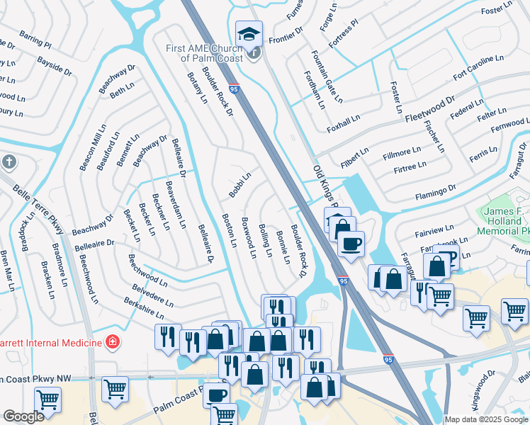 map of restaurants, bars, coffee shops, grocery stores, and more near 38 Bolling Lane in Palm Coast