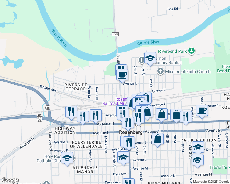 map of restaurants, bars, coffee shops, grocery stores, and more near 519 Carlisle Street in Rosenberg