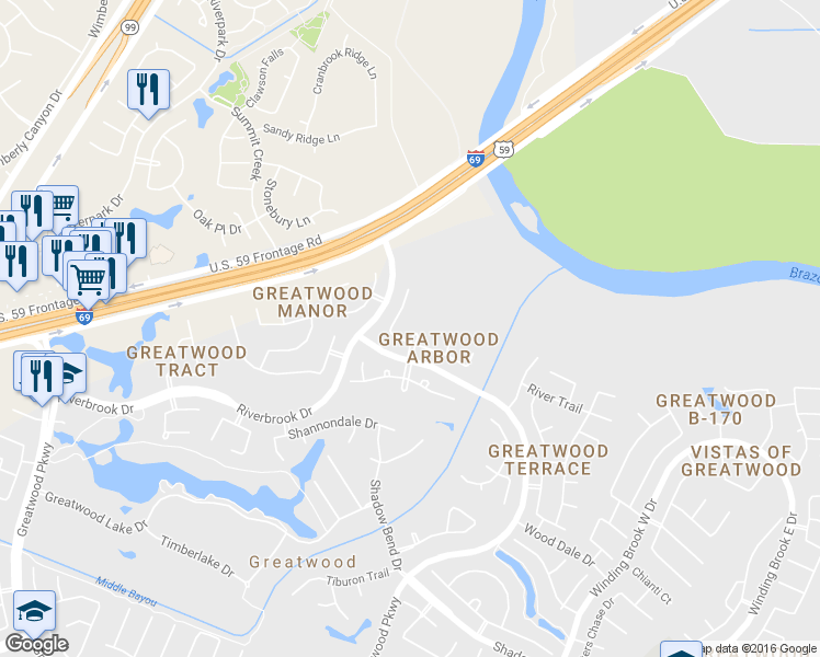 map of restaurants, bars, coffee shops, grocery stores, and more near 1915 Arbor View Drive in Sugar Land
