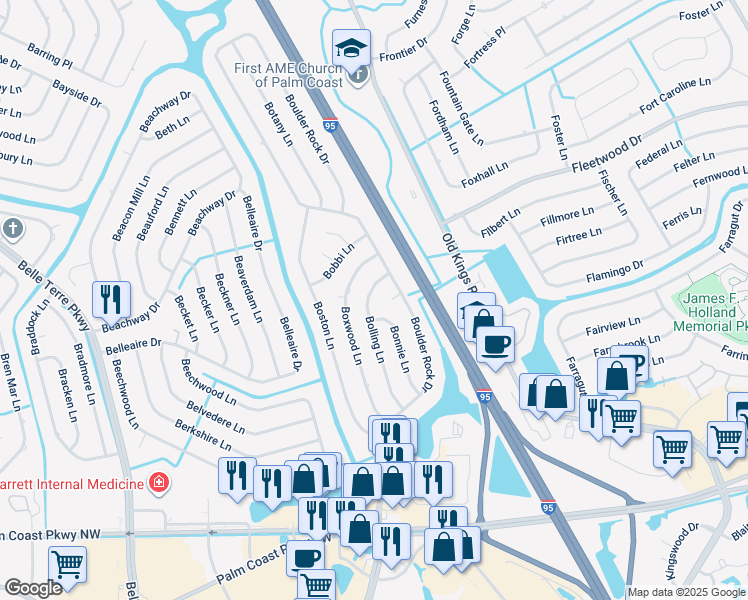 map of restaurants, bars, coffee shops, grocery stores, and more near 38 Bolling Lane in Palm Coast
