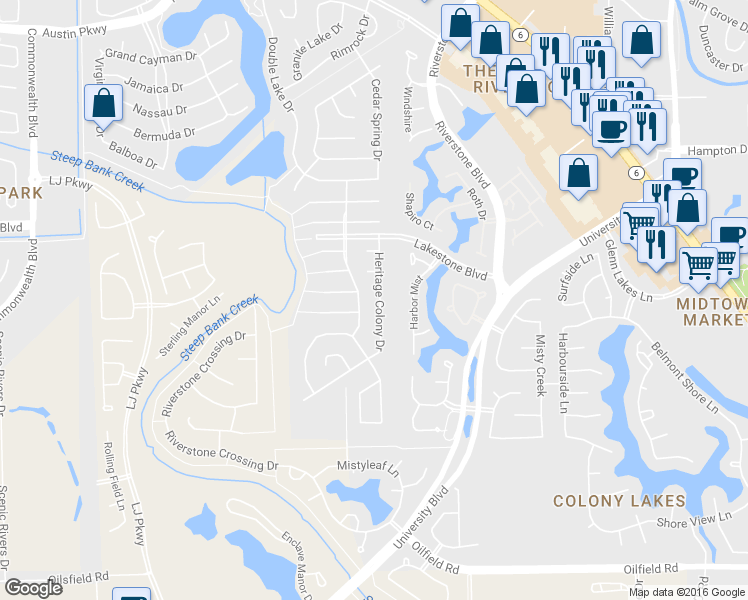 map of restaurants, bars, coffee shops, grocery stores, and more near 3706 Heritage Colony Drive in Missouri City