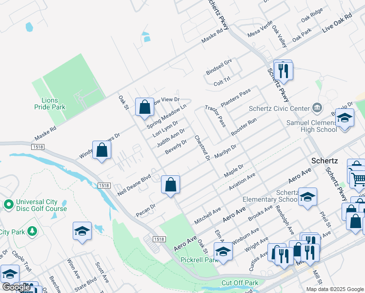 map of restaurants, bars, coffee shops, grocery stores, and more near 316 Beverly Drive in Schertz