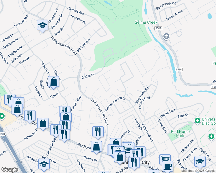map of restaurants, bars, coffee shops, grocery stores, and more near 107 Baythorne in Universal City