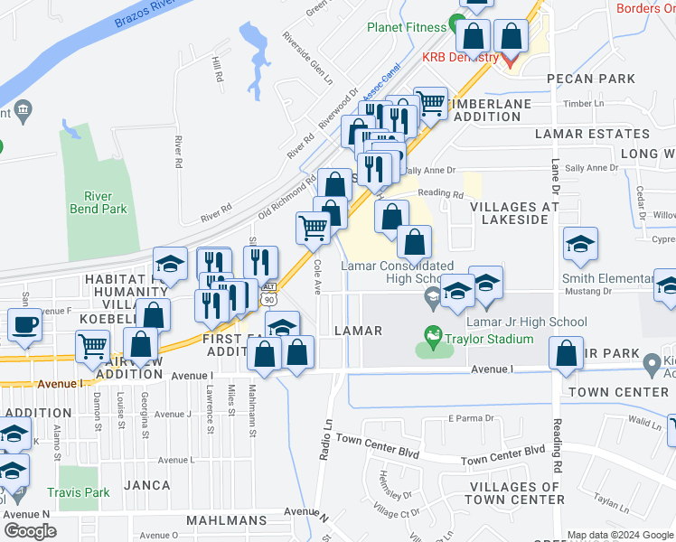 map of restaurants, bars, coffee shops, grocery stores, and more near 2202 Radio Lane in Rosenberg