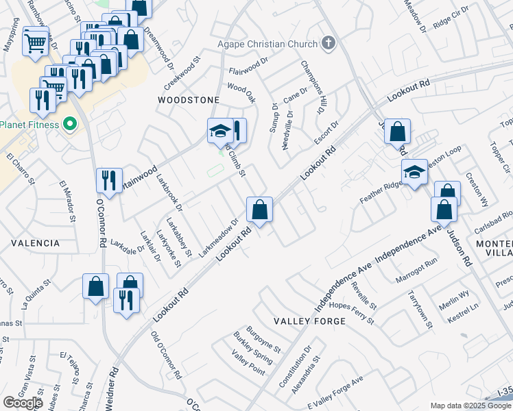 map of restaurants, bars, coffee shops, grocery stores, and more near 5918 Larkmeadow Drive in San Antonio