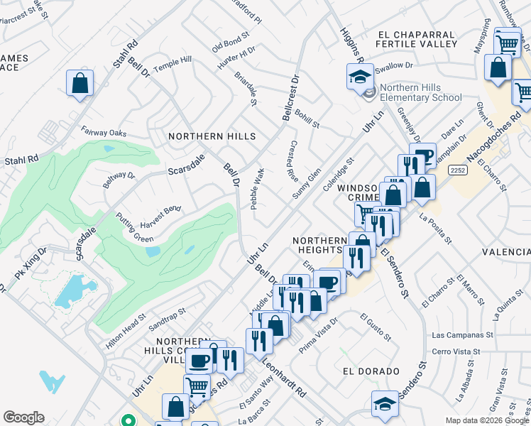 map of restaurants, bars, coffee shops, grocery stores, and more near 4710 Cobble Crest Street in San Antonio