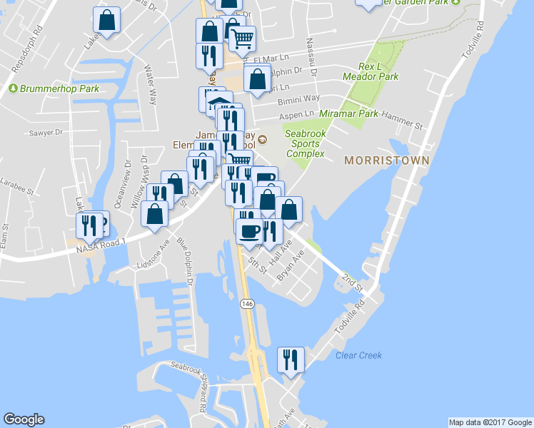 map of restaurants, bars, coffee shops, grocery stores, and more near 1501 Main Street in Seabrook