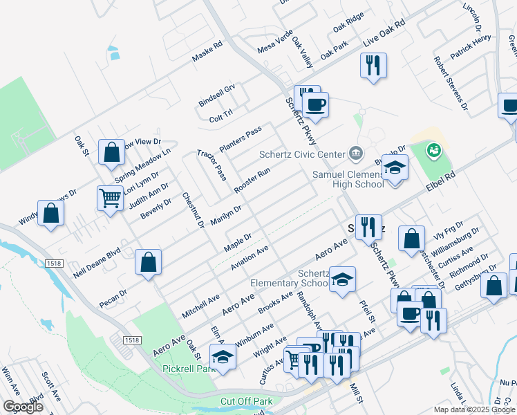 map of restaurants, bars, coffee shops, grocery stores, and more near 605 Pecan Drive in Schertz