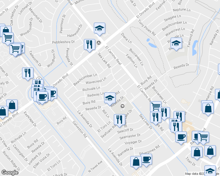 map of restaurants, bars, coffee shops, grocery stores, and more near 931 Redway Lane in Houston