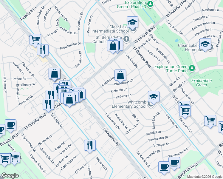 map of restaurants, bars, coffee shops, grocery stores, and more near 739 Richvale Lane in Houston