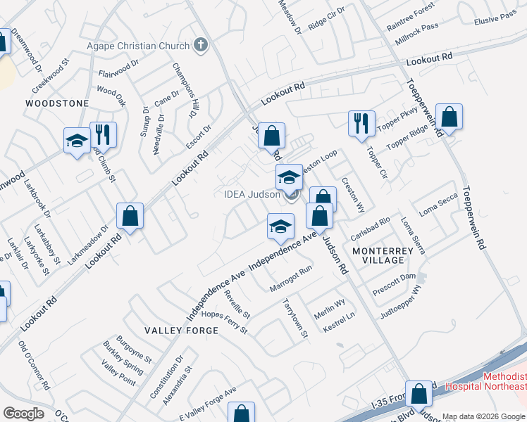 map of restaurants, bars, coffee shops, grocery stores, and more near 6106 Feather Crest Lane in San Antonio