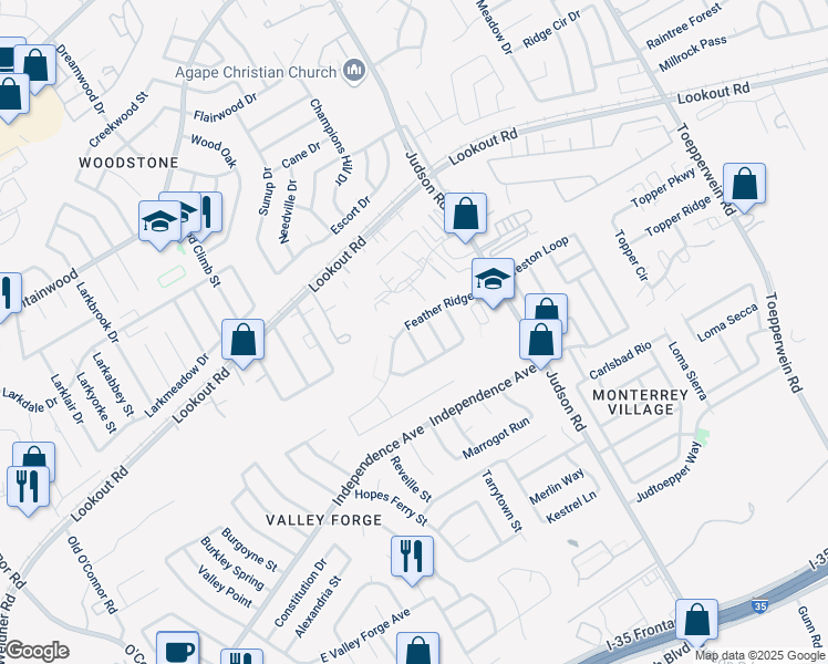map of restaurants, bars, coffee shops, grocery stores, and more near 6119 Feather Nest Lane in San Antonio