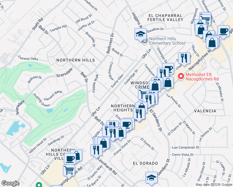 map of restaurants, bars, coffee shops, grocery stores, and more near 4710 Parmenter Street in San Antonio