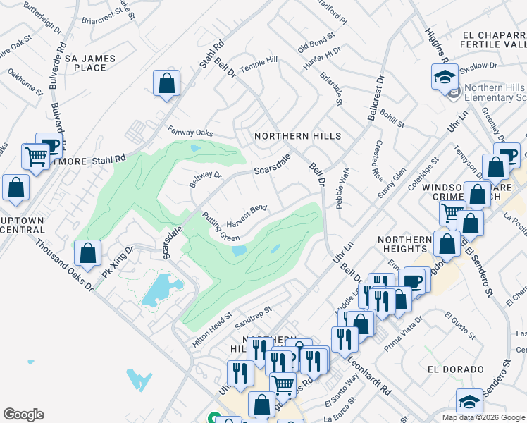map of restaurants, bars, coffee shops, grocery stores, and more near 13502 Harvest Bend in San Antonio