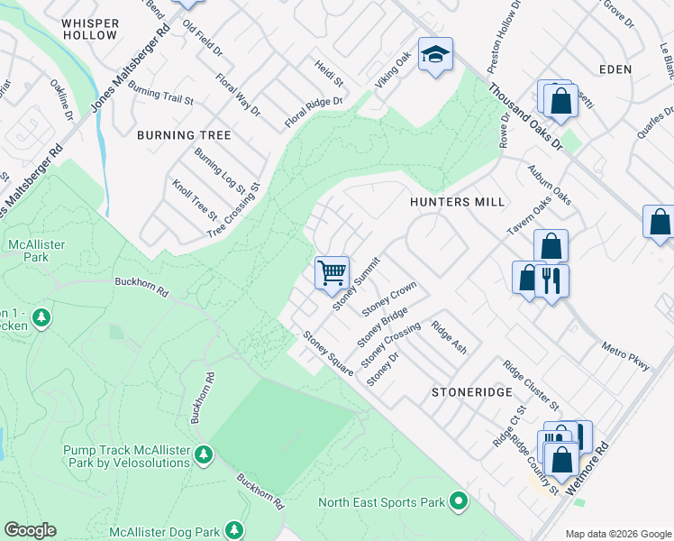 map of restaurants, bars, coffee shops, grocery stores, and more near 3131 Stoney Grove in San Antonio