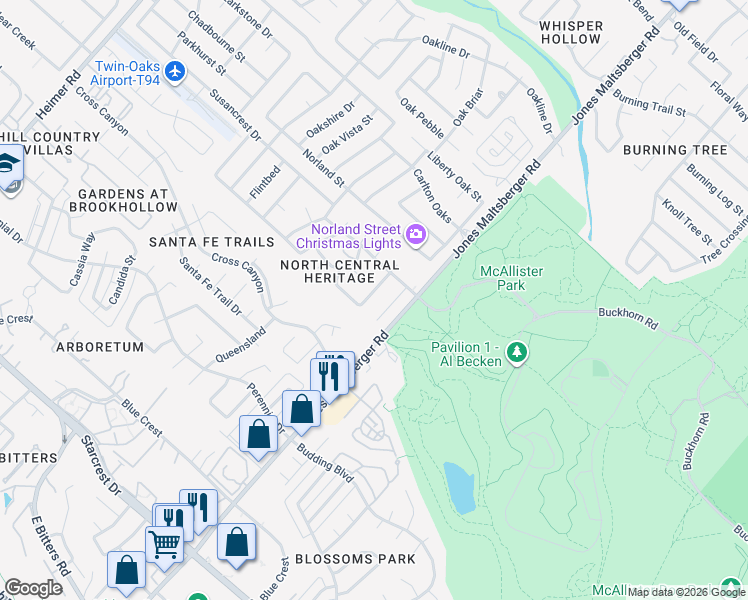 map of restaurants, bars, coffee shops, grocery stores, and more near 1810 Archers Bow Road in San Antonio