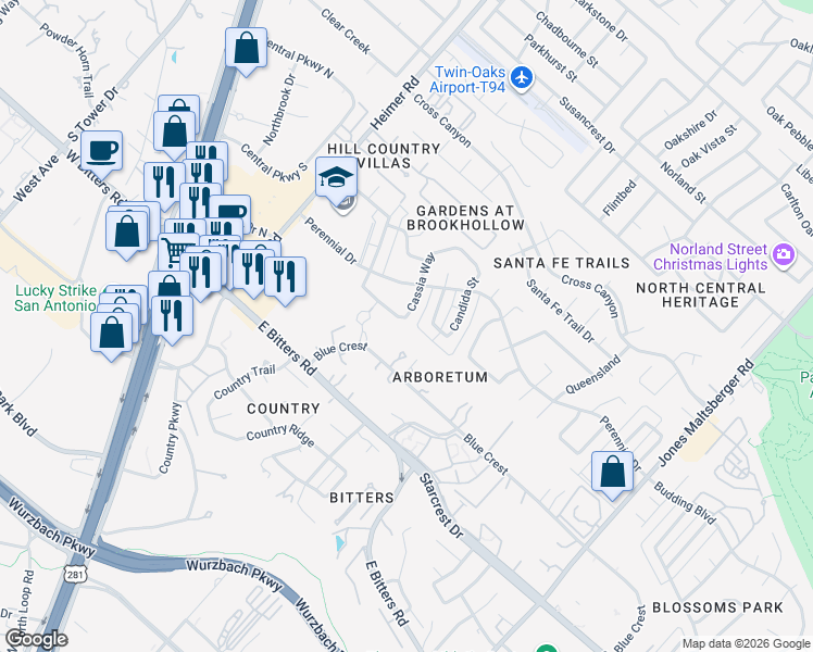 map of restaurants, bars, coffee shops, grocery stores, and more near 1434 Plumeria Street in San Antonio