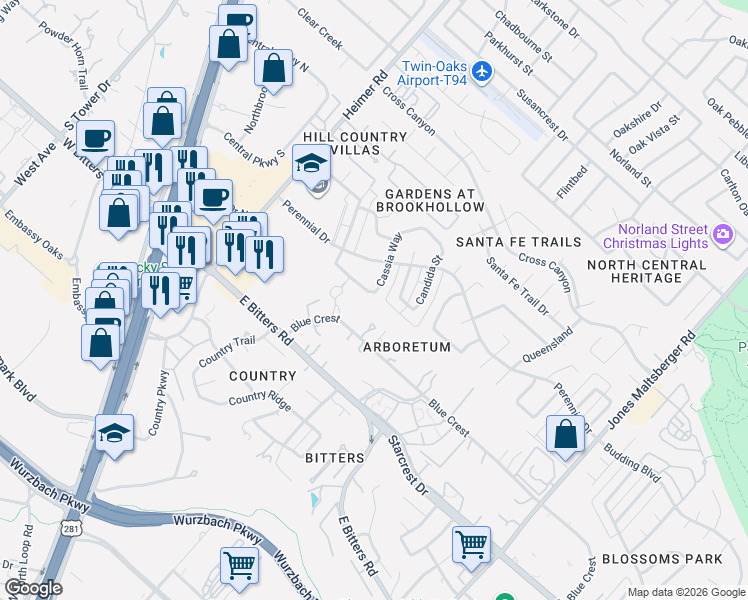 map of restaurants, bars, coffee shops, grocery stores, and more near 1434 Plumeria Street in San Antonio