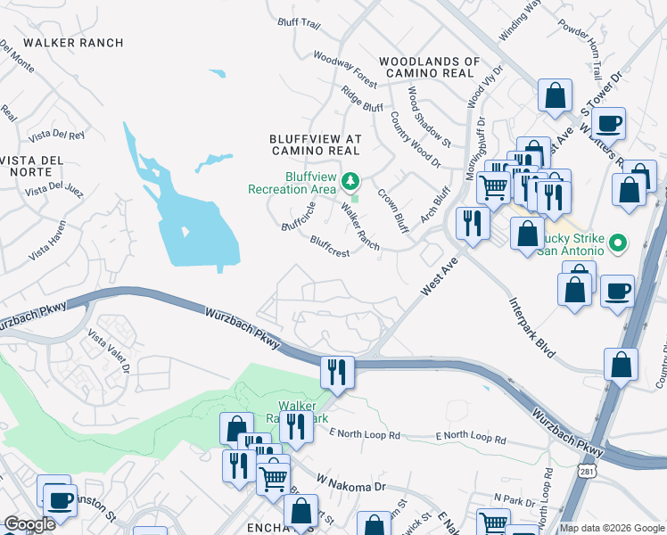 map of restaurants, bars, coffee shops, grocery stores, and more near 318 Bluffcrest in San Antonio