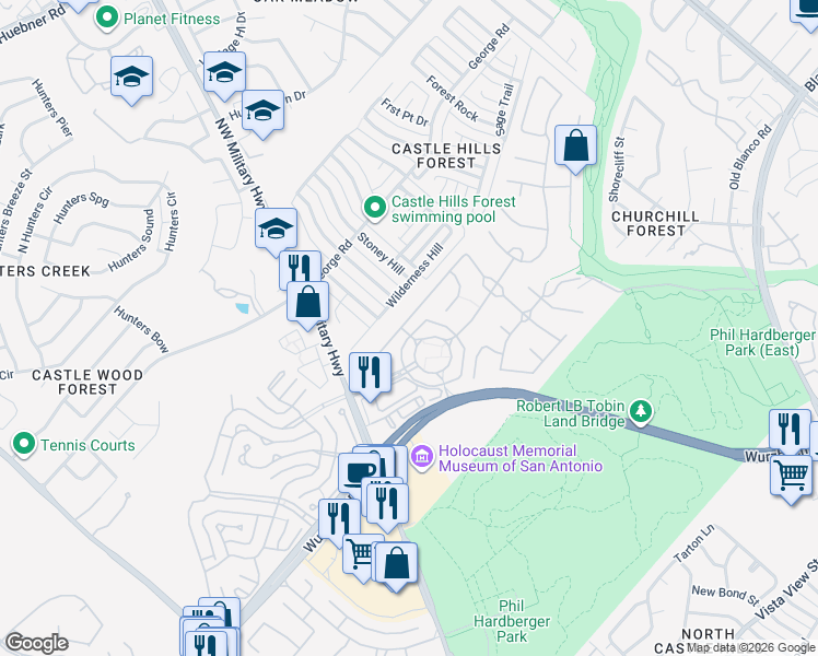 map of restaurants, bars, coffee shops, grocery stores, and more near 2527 Fairfield Bend Drive in San Antonio