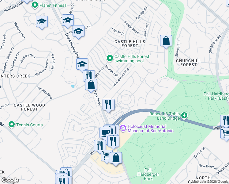 map of restaurants, bars, coffee shops, grocery stores, and more near 2510 Wilderness Hill in San Antonio