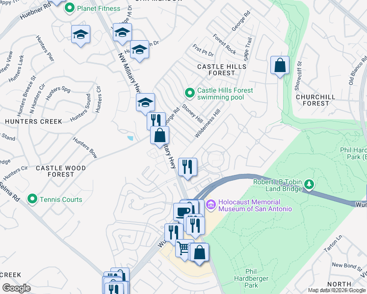 map of restaurants, bars, coffee shops, grocery stores, and more near 2510 Wilderness Hill in San Antonio