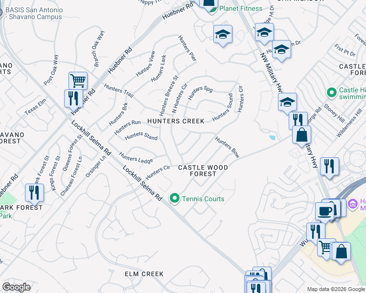 map of restaurants, bars, coffee shops, grocery stores, and more near 3500 Hunters Dew in San Antonio