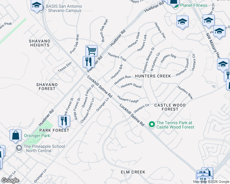 map of restaurants, bars, coffee shops, grocery stores, and more near 13129 Hunters Ledge in San Antonio
