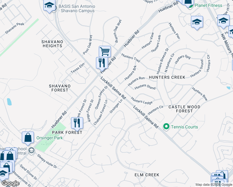 map of restaurants, bars, coffee shops, grocery stores, and more near 13111 Hill Forest Street in San Antonio