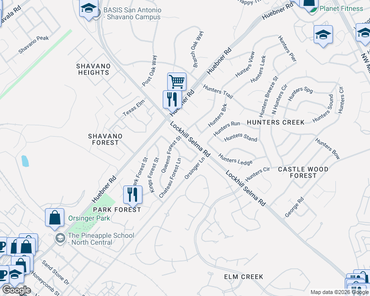 map of restaurants, bars, coffee shops, grocery stores, and more near 13111 Hill Forest Street in San Antonio