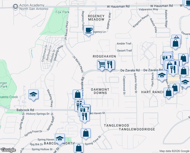 map of restaurants, bars, coffee shops, grocery stores, and more near 6334 Stable Brook Drive in San Antonio