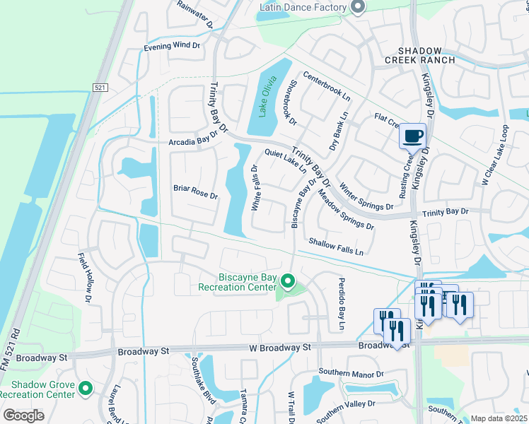 map of restaurants, bars, coffee shops, grocery stores, and more near 2708 Barons Cove Court in Pearland