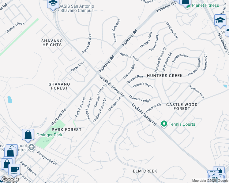 map of restaurants, bars, coffee shops, grocery stores, and more near 13111 Hill Forest Street in San Antonio