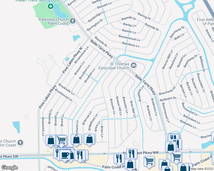 map of restaurants, bars, coffee shops, grocery stores, and more near 119 Bressler Lane in Palm Coast