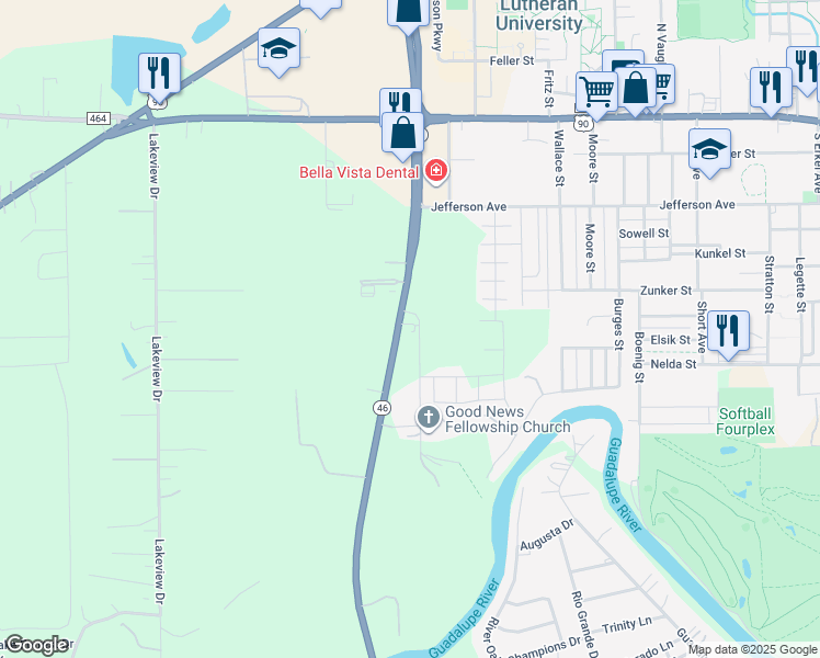 map of restaurants, bars, coffee shops, grocery stores, and more near 705 Texas 46 in Seguin