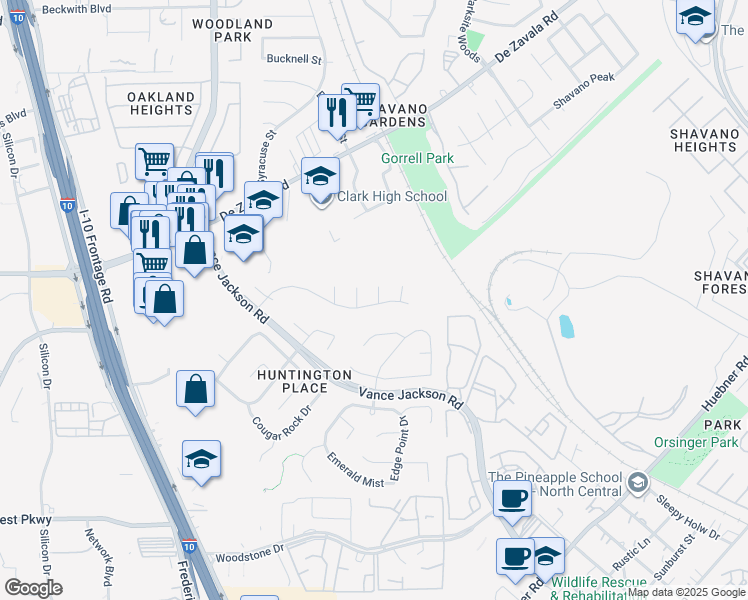 map of restaurants, bars, coffee shops, grocery stores, and more near 11403 Cedar Glade Drive in San Antonio