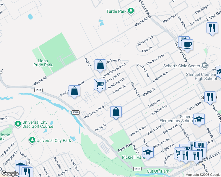 map of restaurants, bars, coffee shops, grocery stores, and more near 216 Judith Ann Drive in Schertz