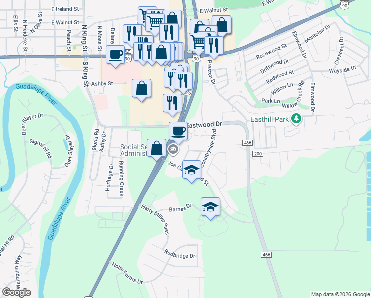 map of restaurants, bars, coffee shops, grocery stores, and more near 608 Topaz Avenue in Seguin