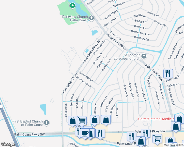 map of restaurants, bars, coffee shops, grocery stores, and more near 13 Brockton Lane in Palm Coast