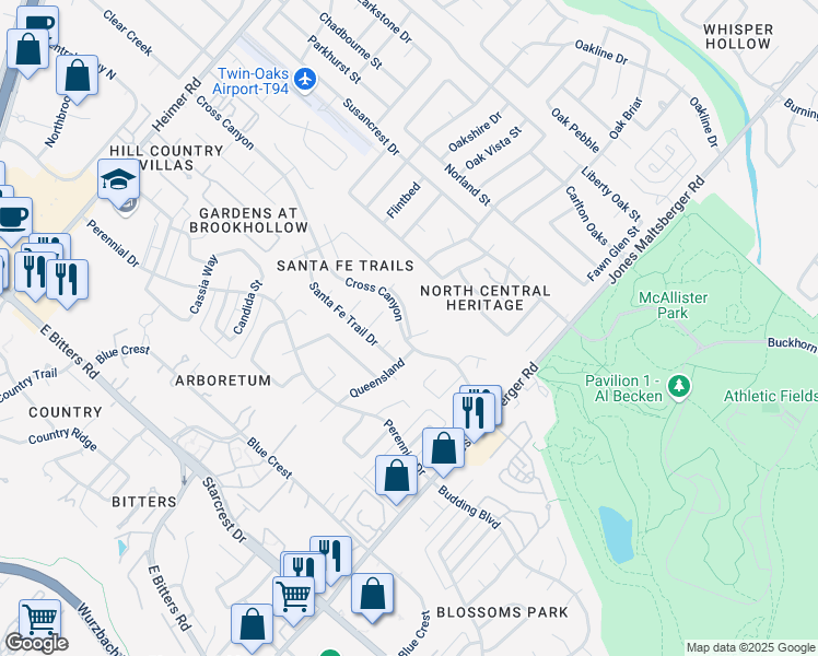 map of restaurants, bars, coffee shops, grocery stores, and more near 1727 Elk Canyon Dr in San Antonio