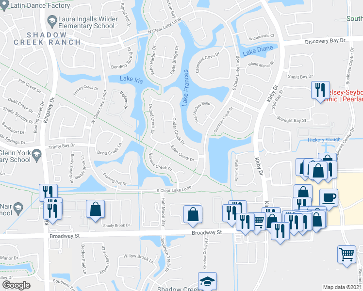 map of restaurants, bars, coffee shops, grocery stores, and more near 11912 Cedar Creek Drive in Pearland