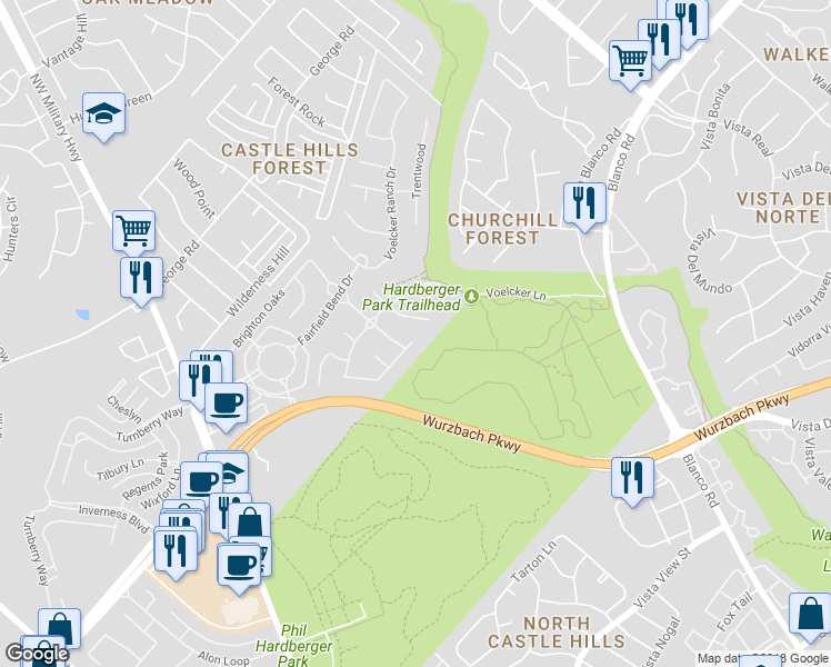 map of restaurants, bars, coffee shops, grocery stores, and more near 2403 Enfield Grove Drive in San Antonio