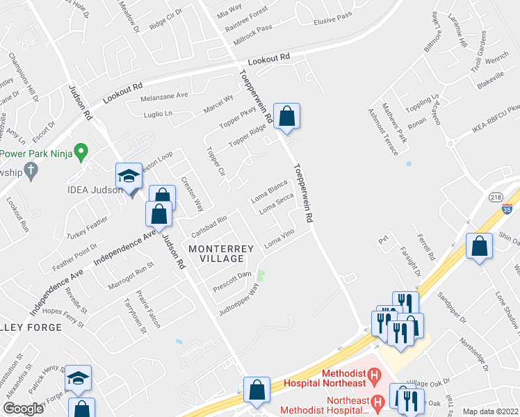 map of restaurants, bars, coffee shops, grocery stores, and more near 6715 Loma Secca in San Antonio