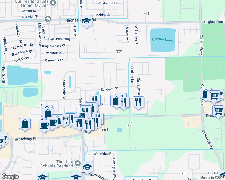 map of restaurants, bars, coffee shops, grocery stores, and more near 9302 Sundown Drive in Pearland