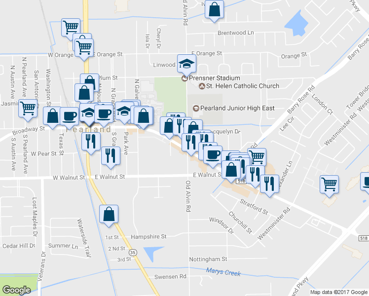 map of restaurants, bars, coffee shops, grocery stores, and more near 3507 West Broadway Street in Pearland