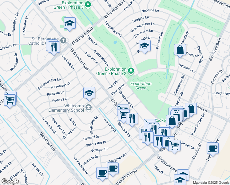 map of restaurants, bars, coffee shops, grocery stores, and more near 16204 Buccaneer Lane in Houston