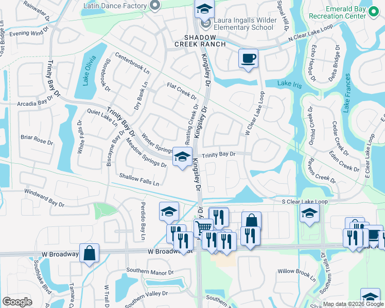 map of restaurants, bars, coffee shops, grocery stores, and more near 2700 Kingsley Drive in Pearland